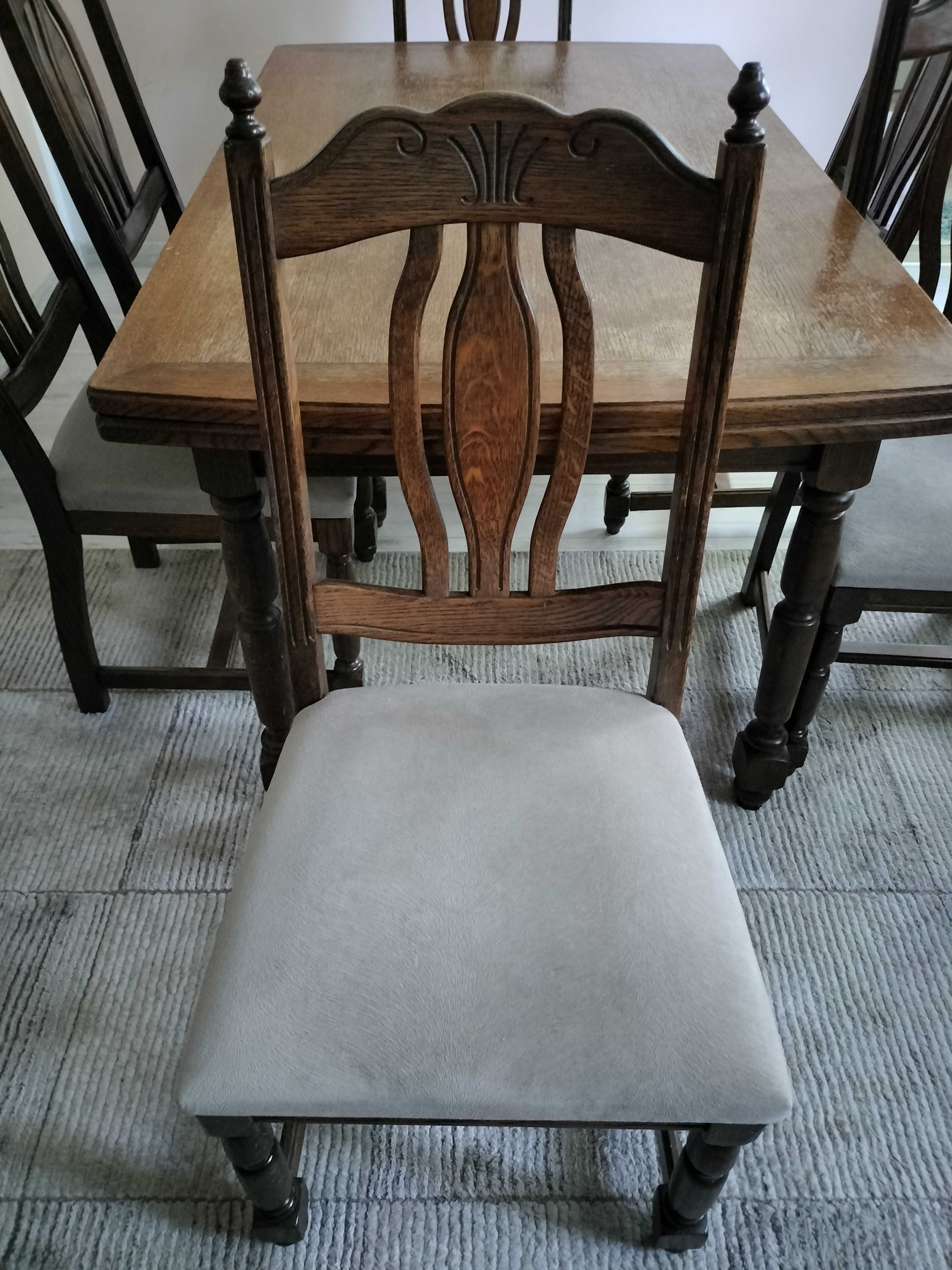 Solidny stół z oryginalnego drewna dębowego oraz 6 krzeseł w komplecie