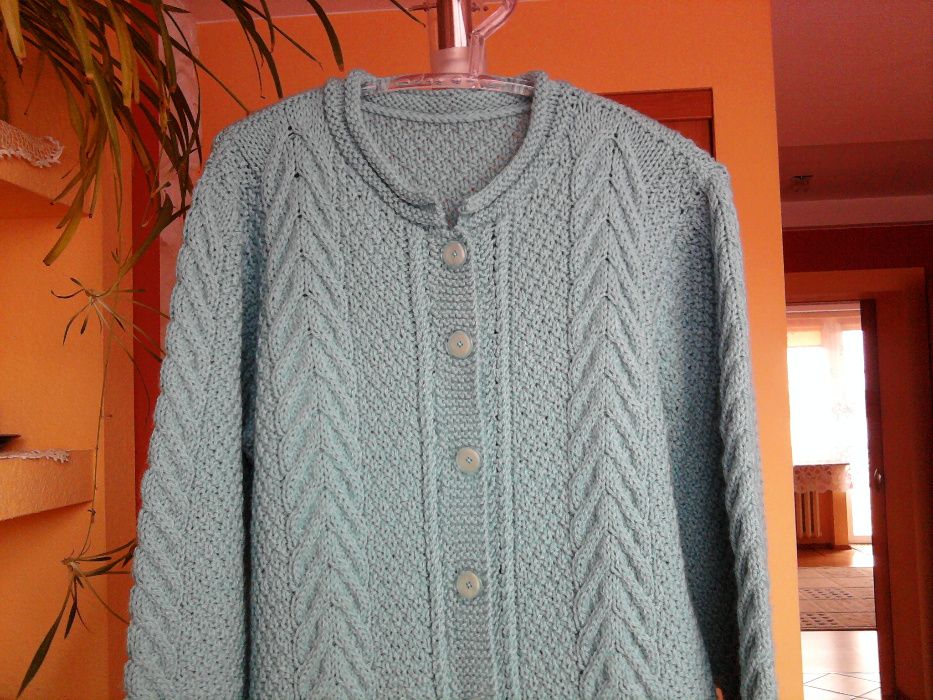 Turkusowy sweter z włóczki  jak nowy  - rękodzieło L/XL !!!