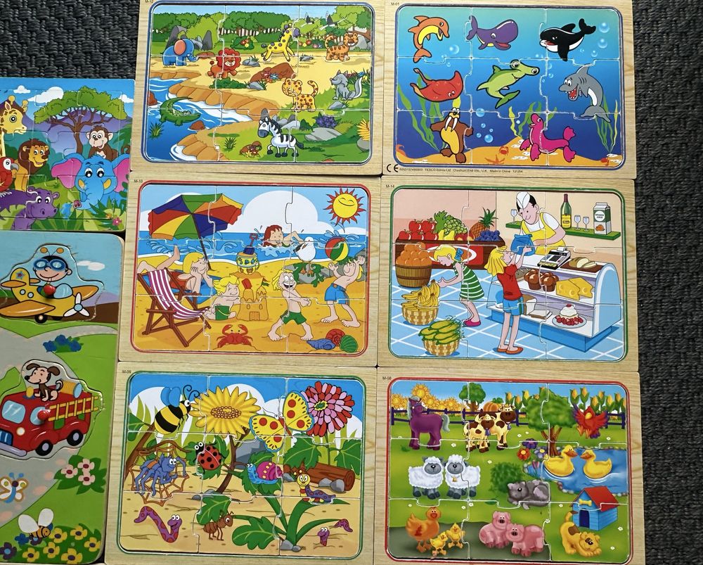 Zestaw 11 drewnianych ukladanek/puzzli dla dzieci w stanie idealnym