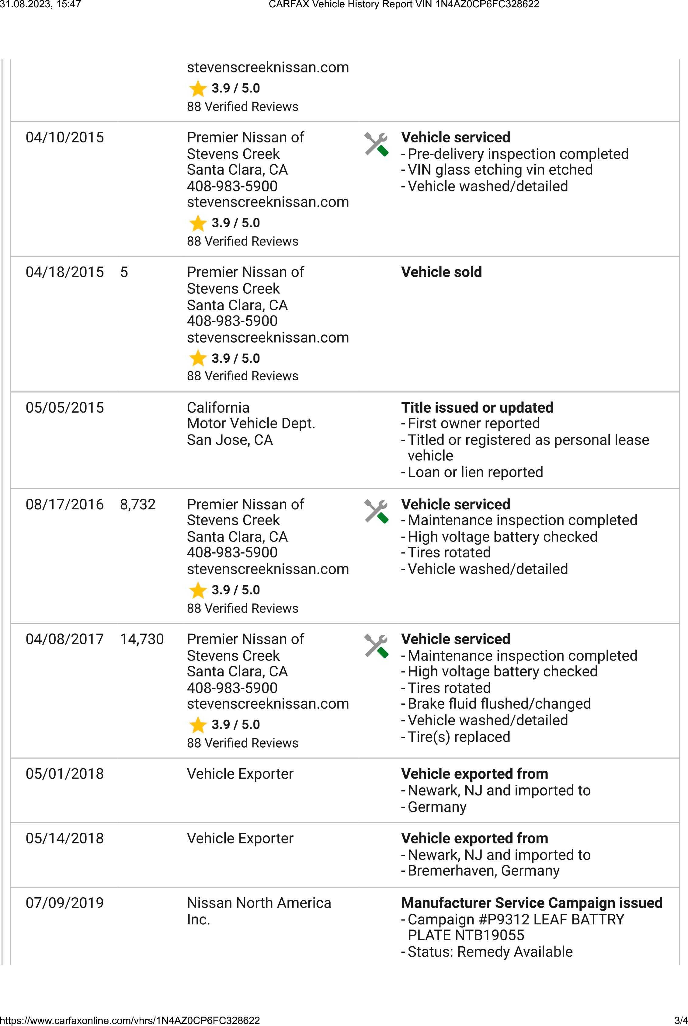 Авто Nissan Leaf 2015 24кВт