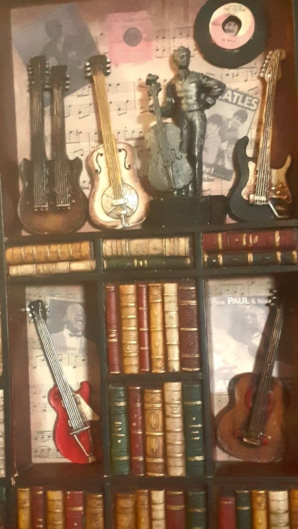 Quadro Vintage 3D Biblioteca Estúdio guitarra Música