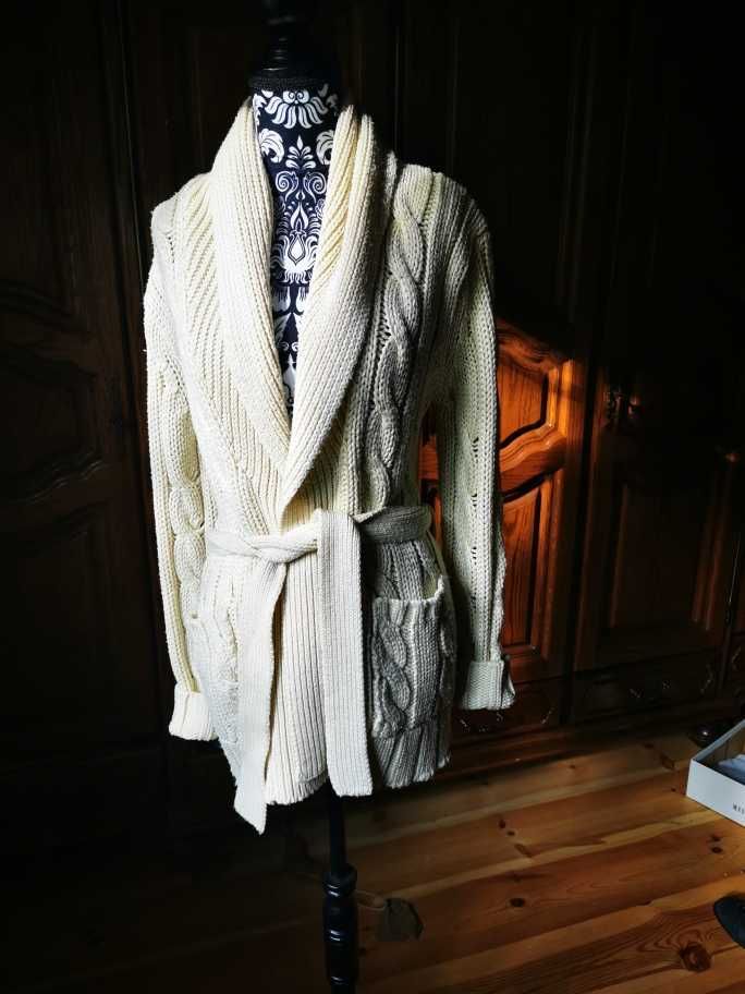 Kremowy, gruby ciepły sweter, kardigan XL ower size