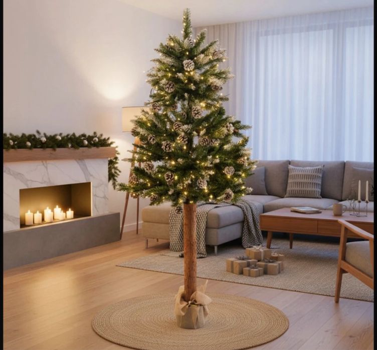 Elegancka sztuczna choinka na pniu 180cm sosna sztuczny śnieg drzewko