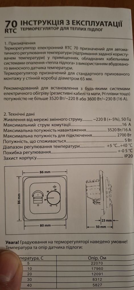 Терморегулятор RTC70 для підлог теплих