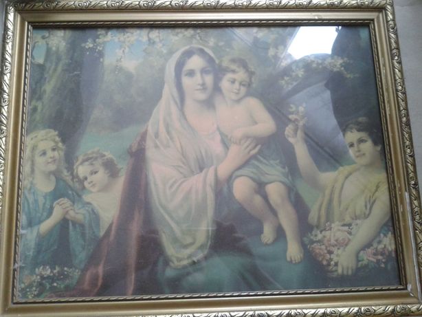 Matka BOża z Dziećmi i Aniołami  W Złotej Ramie Vintage, REtro