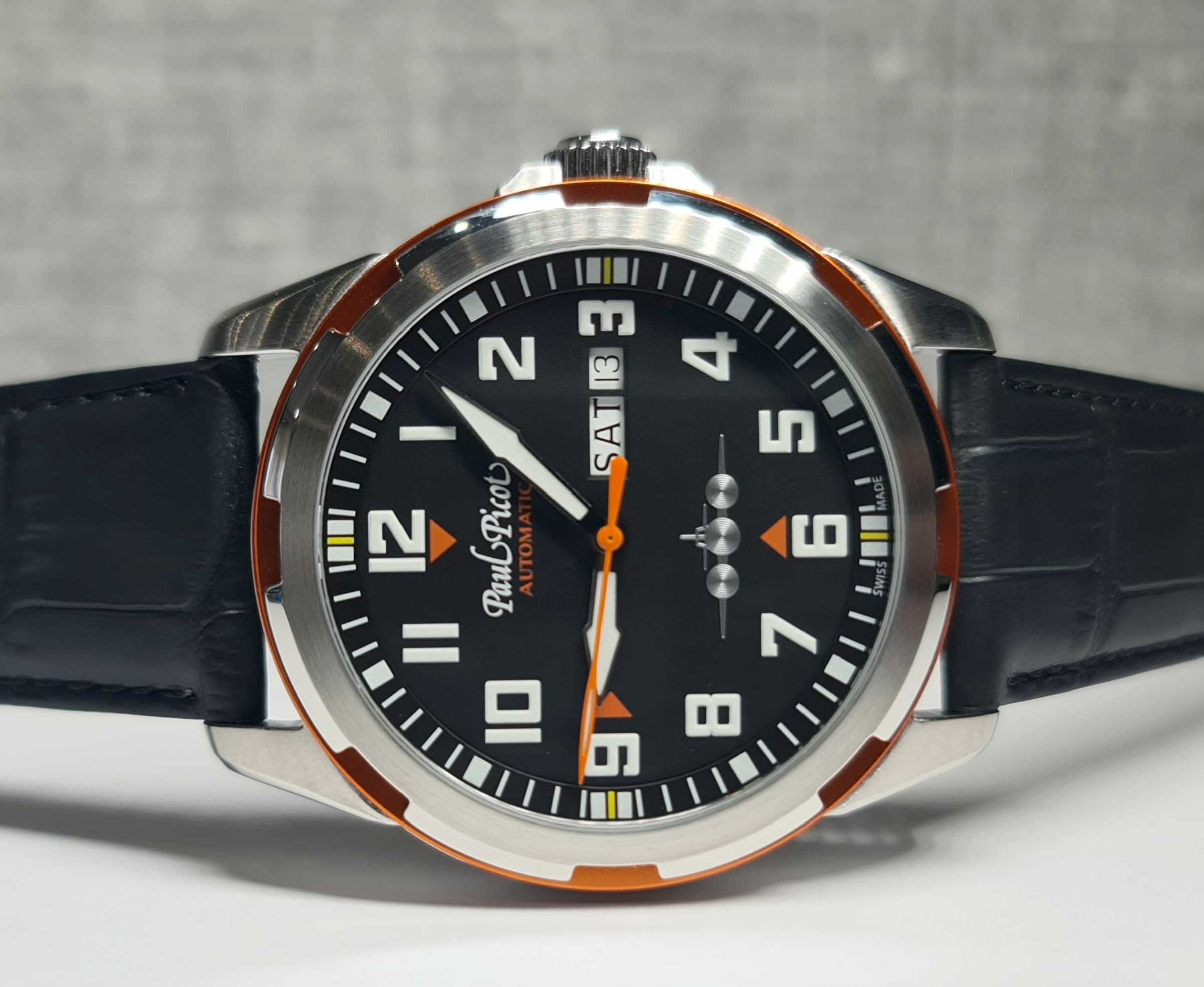 Чоловічий годинник Paul Picot Pilot 42mm Black-Orange Automatic новий