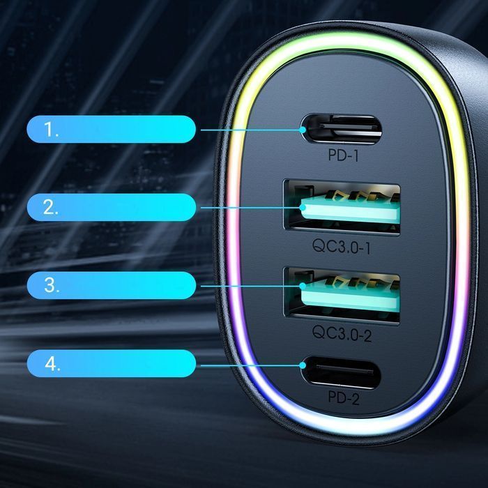 Joyroom ładowarka samochodowa 70W z 4 portami: 2x USB C, 2x USB A