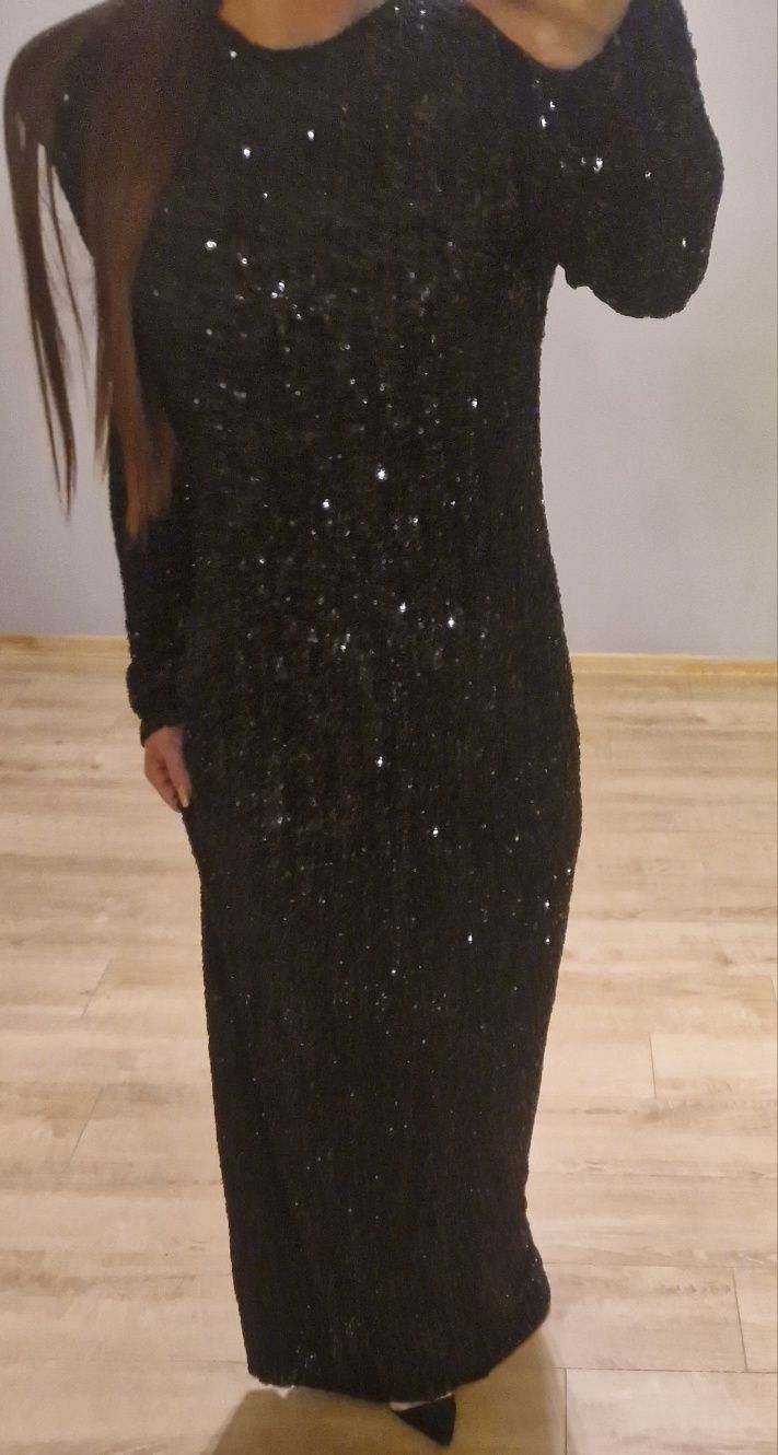 Długa maxi sukienka wieczorowa czarna cekinowa XS S M zara