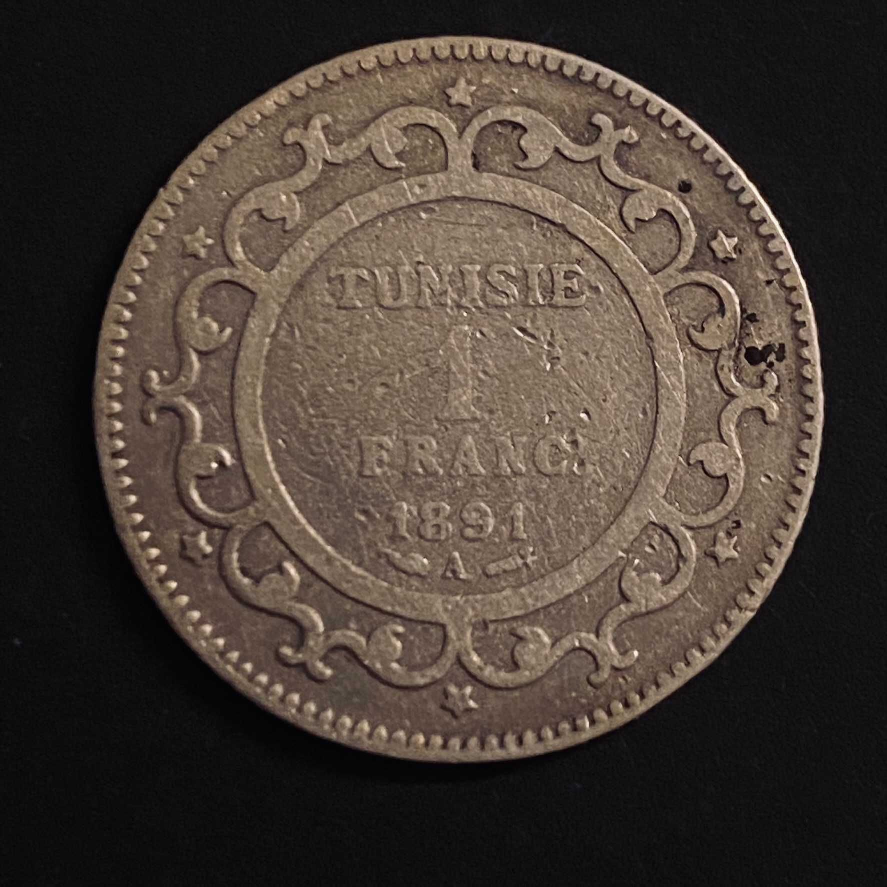 Tunezja, 1 frank, rok 1891, Ag 0,835