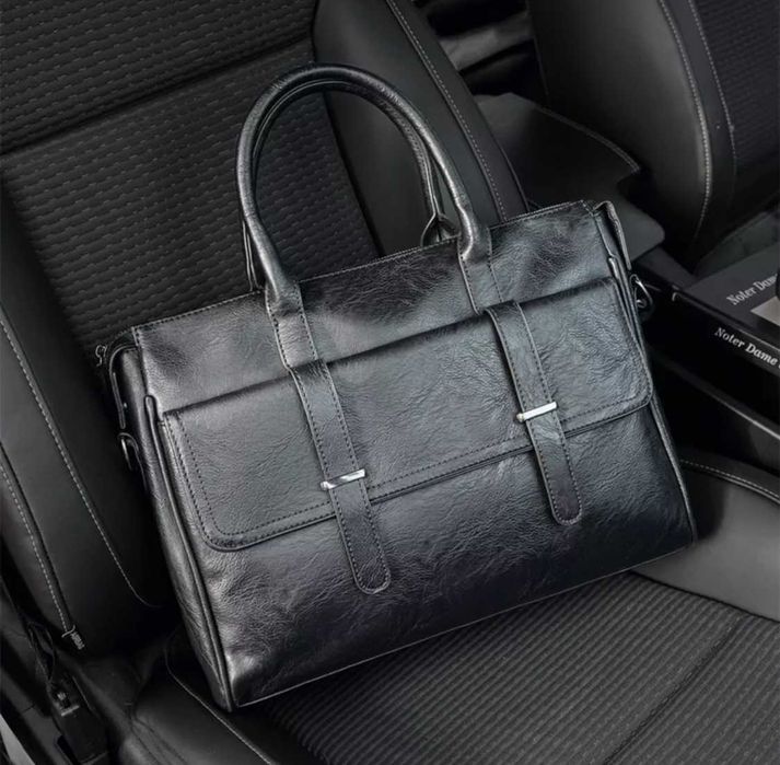 Мужской черный кожаный деловой чоловічий портфель сумка с ремешком