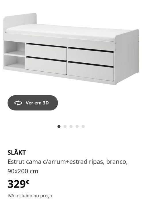 SLÄKT Estrutura cama com arrumação + estrado ripas, branco, 90x200 cm