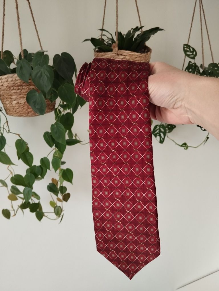 Krawat jedwabny 100% silk bordowy, burgundowy, we wzorki, romby 9,5 cm