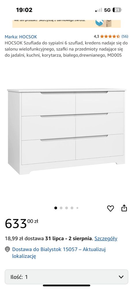 Drewniana komoda biała Premium komoda 6 szuflad kredens salon sypialni