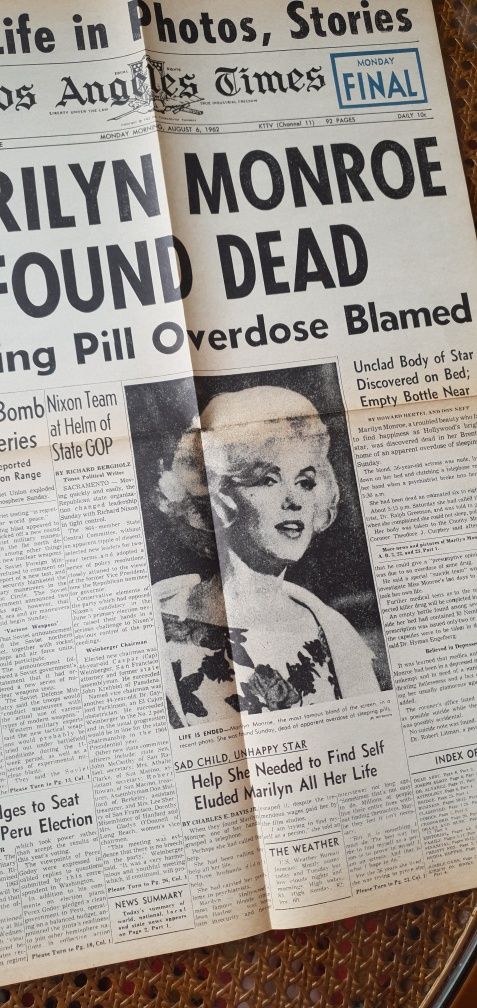 Раритетная газета первый выпуск о смерти Marilyn Monroe 6 Августа 1965