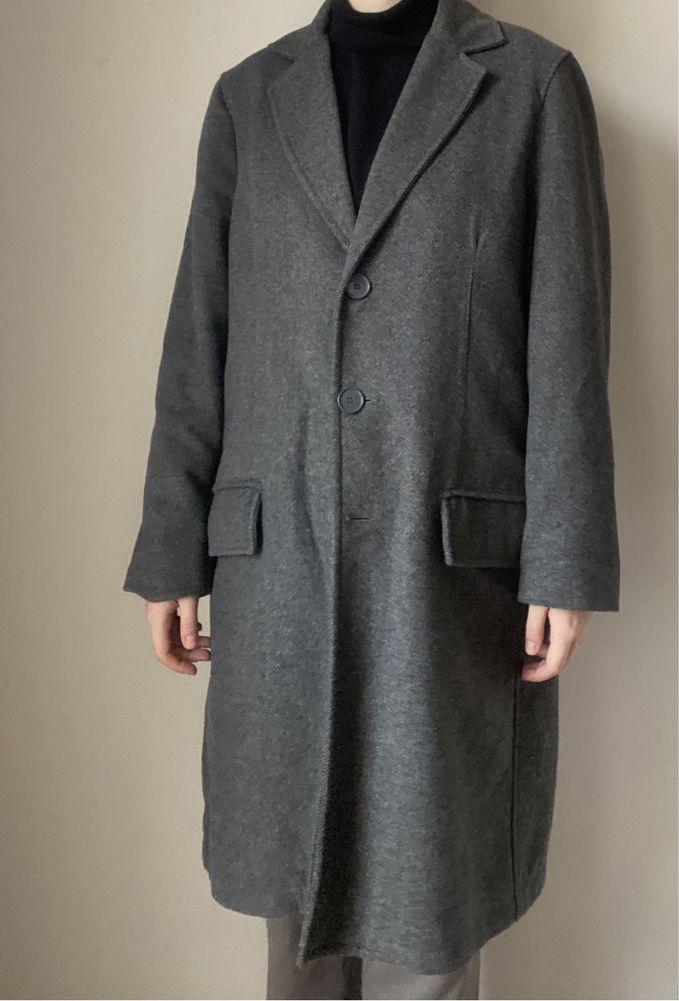 długi wełniany płaszcz szary wełna vintage do kolan na zimę
