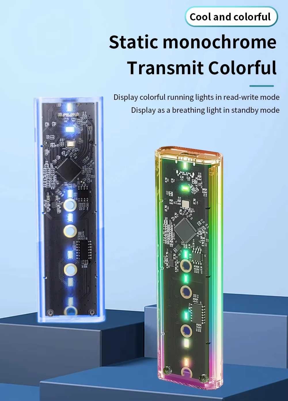 Caixa SSD NVME M.2 RGB Gabinete de disco rígido transparente