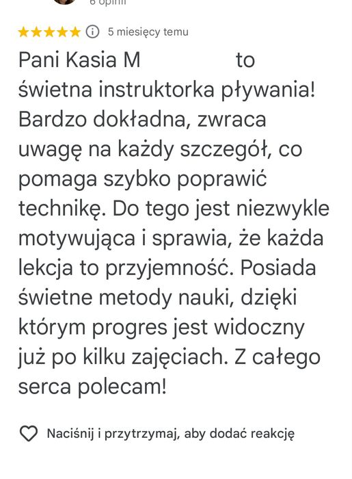 Nauka pływania i doskonalenie - instruktorka z licencją PZP