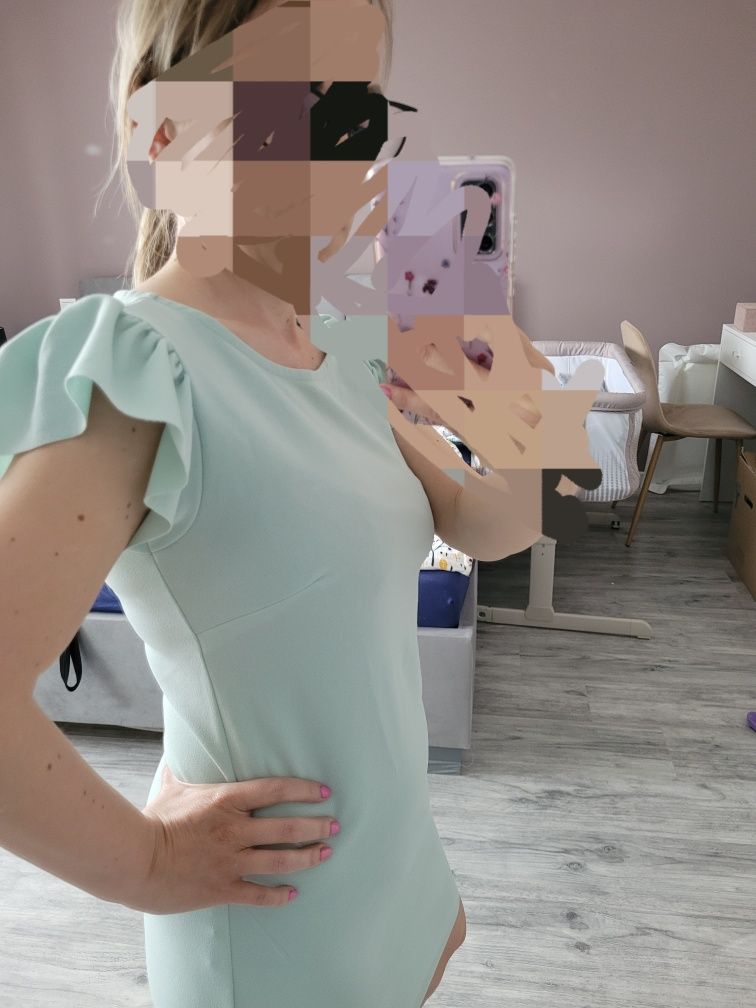 Sukienka mohito XS 34 miętowa bufki wesele petite motylki ołówkowa kom