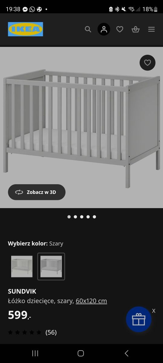Łóżeczko Ikea Sundvik  jasno szare z materacem BDB