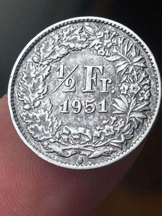 Moeda em prata 1/2 fr 1951 Suíça