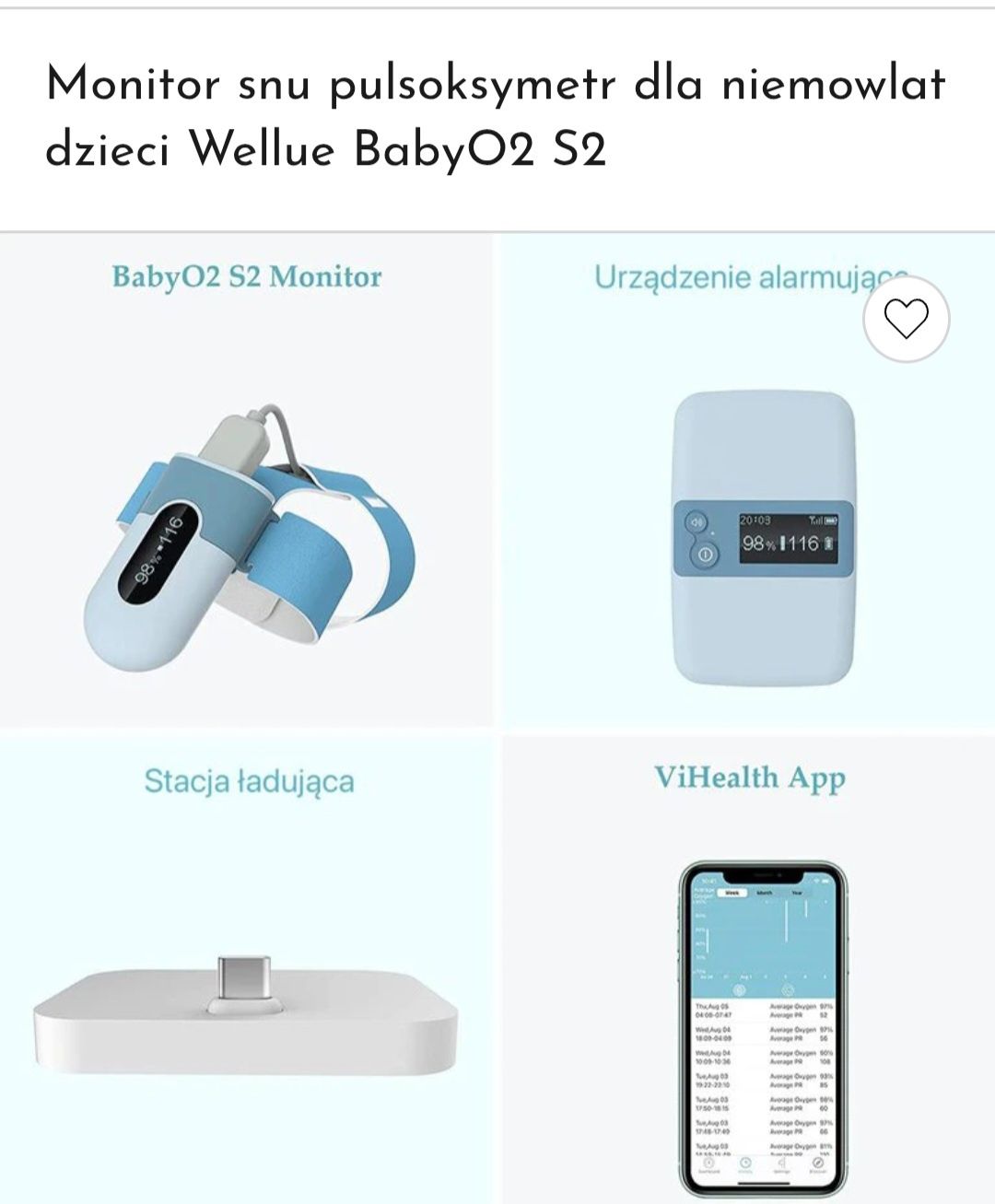 Monitor snu pulsoksymetr dla niemowlat dzieci Wellue BabyO2 S2