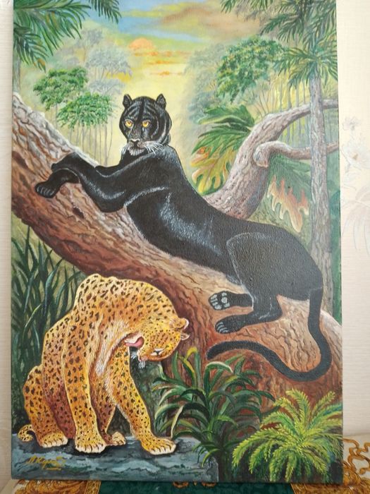 Картина маслом на холсте " Пантеры на отдыхе"