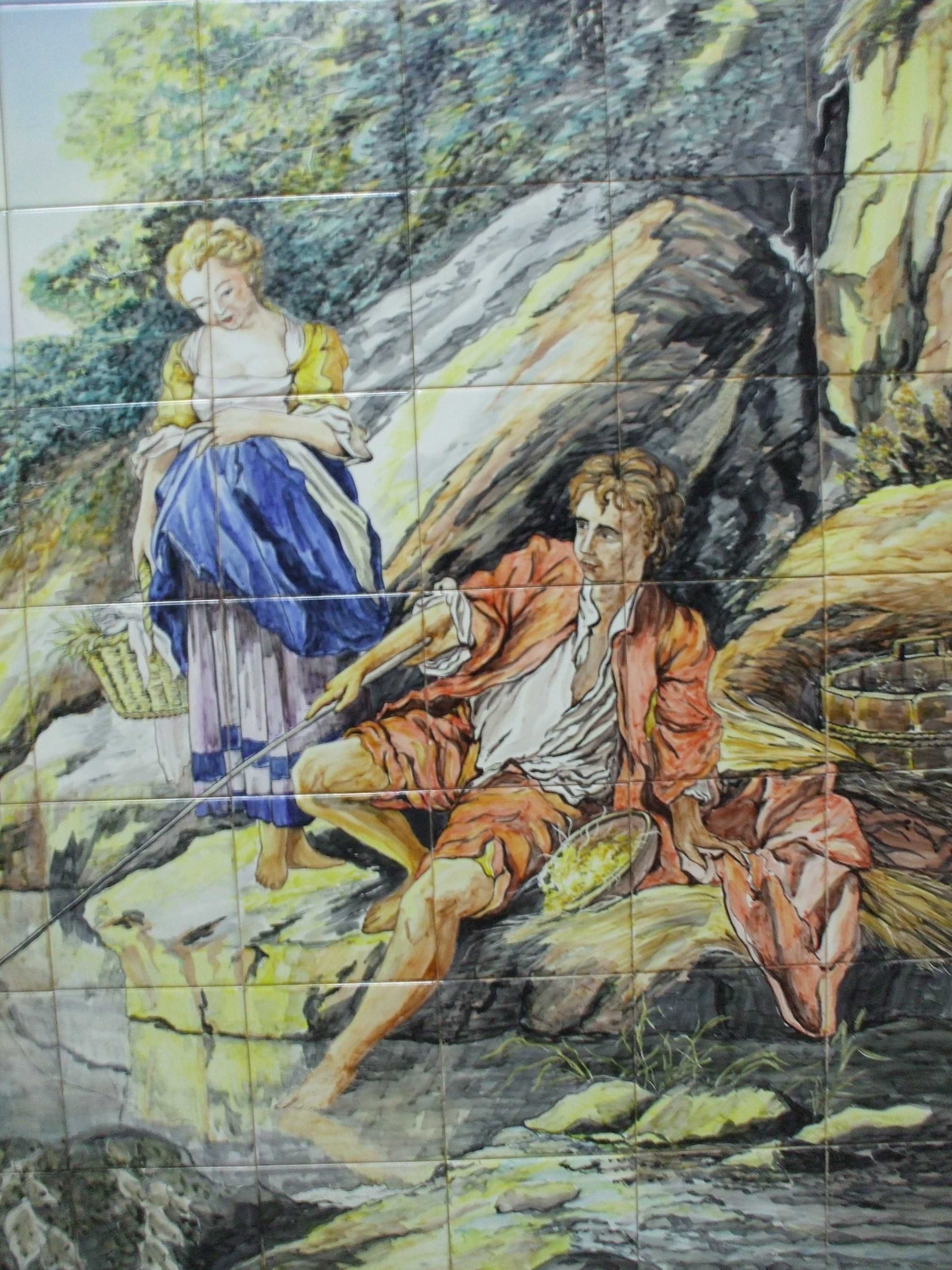 Painéis de azulejos em azul e a cores, campestre