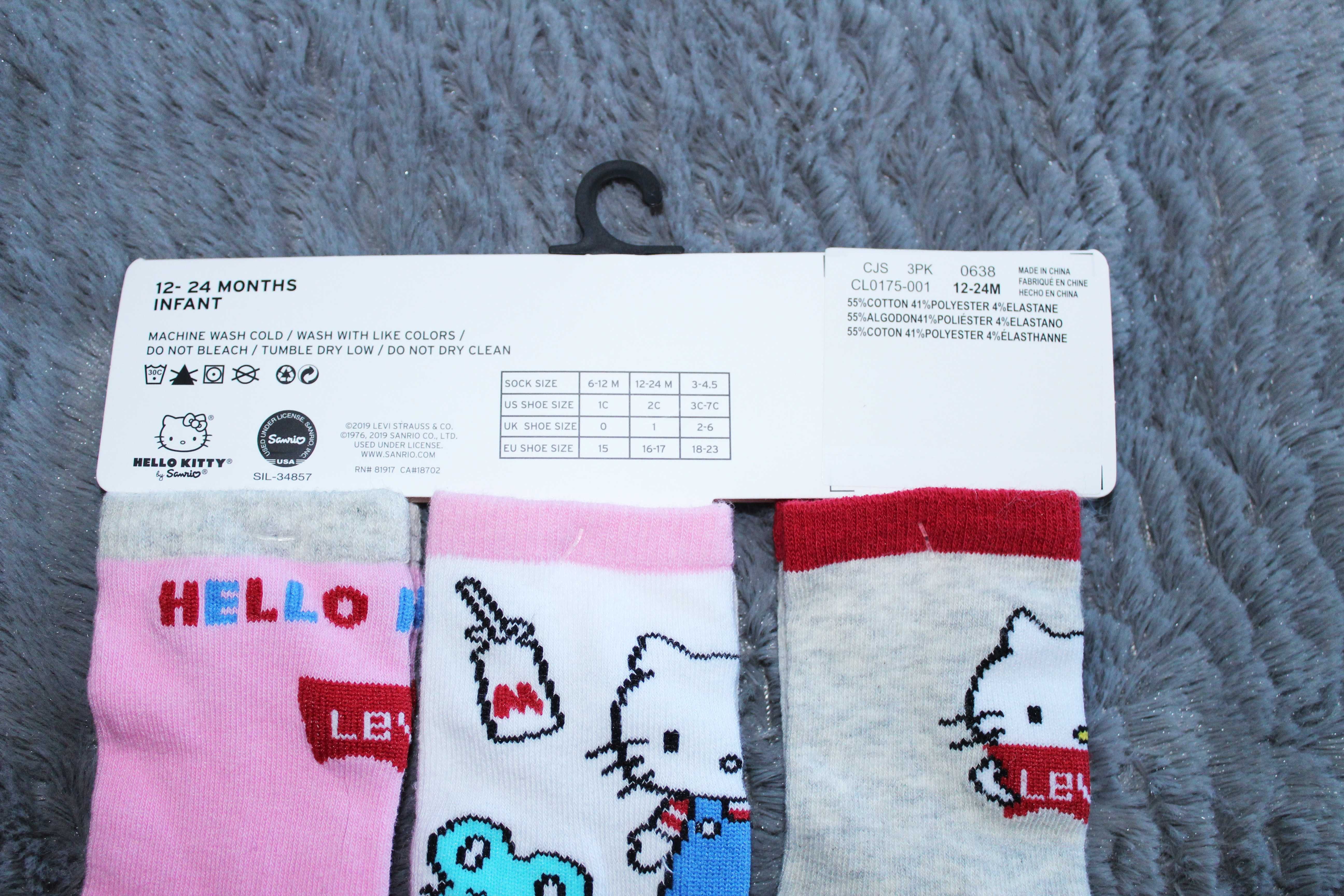 NOWE 3 pary Skarpetki Levi's Hello Kitty 12-24m oryginał !