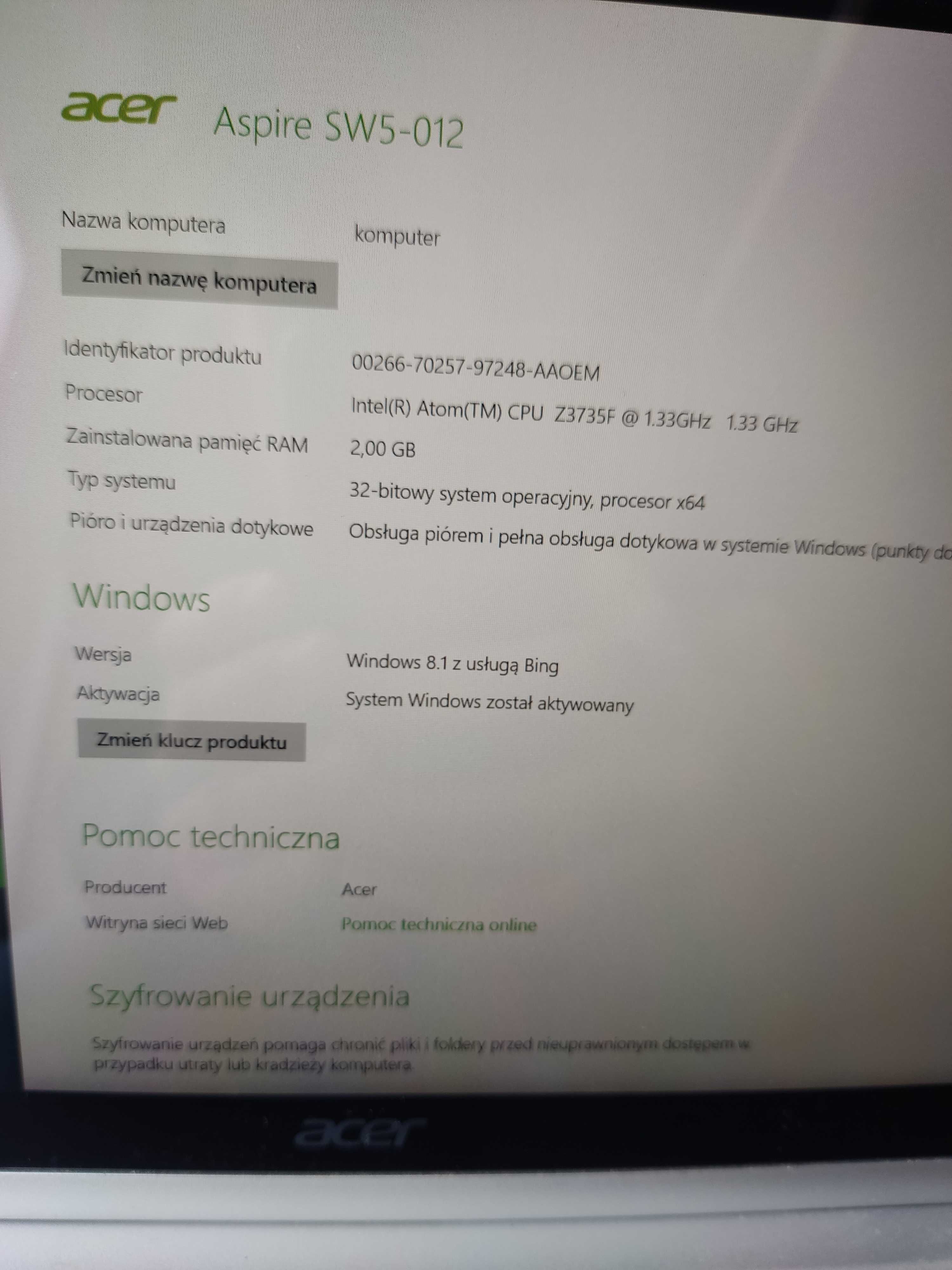 Tablet Acer Aspire 10 model SW5-012 Wrocław
