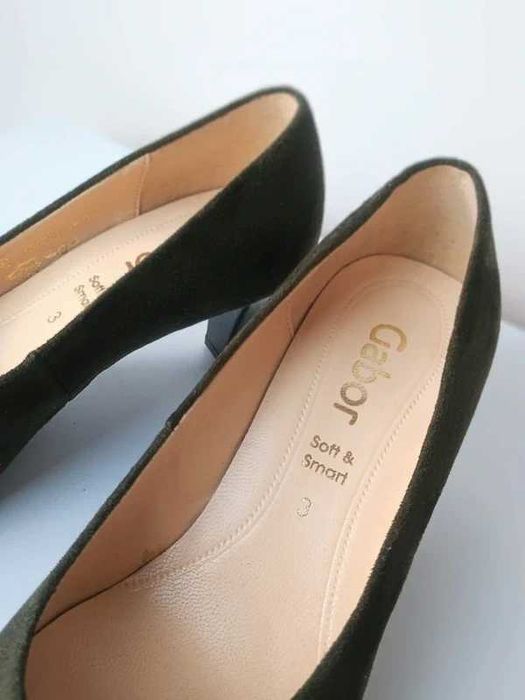 Buty na obcasie Gabor khaki oliwkowe niski obcas 35,5 zamszowe skóra