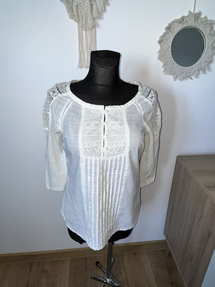Bawełniana bluzka koszula etno boho folk z gipiurą biała S
