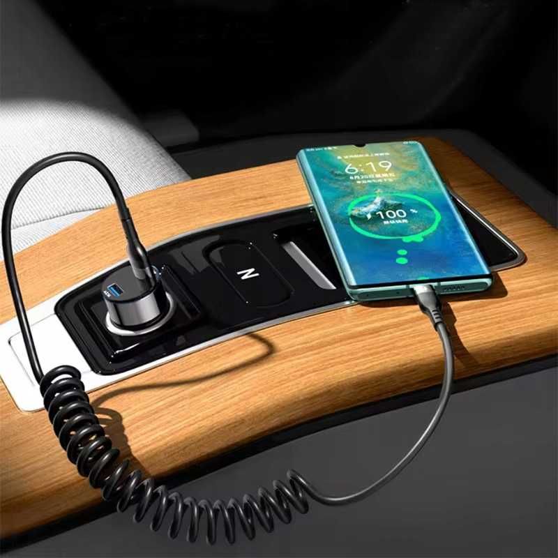 Kabel do ładowania smartfona tabletu USB-C czarny spiralny sprężynowy