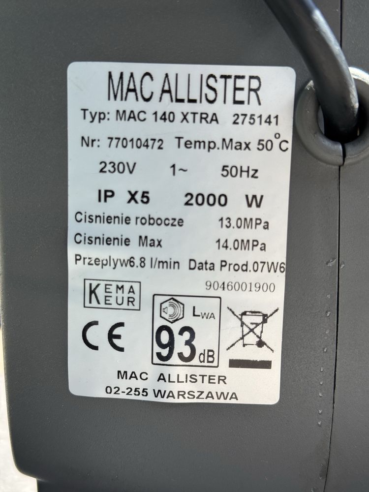 SUPER myjka wysokociśnieniowa MAC ALLISTER MAC140XTRA 140 barów