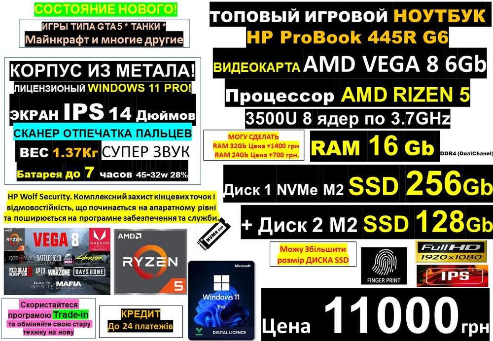 є90 Ноутбуків‼️HP 14" IPS‼️Ryzen 5 8ядер/VEGA 8‼️RAM 16-32Gb/SSD 384Gb