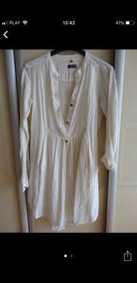 Biala sukienka koszulowa tunika 42 XL guziki kieszenie kołnierzyk