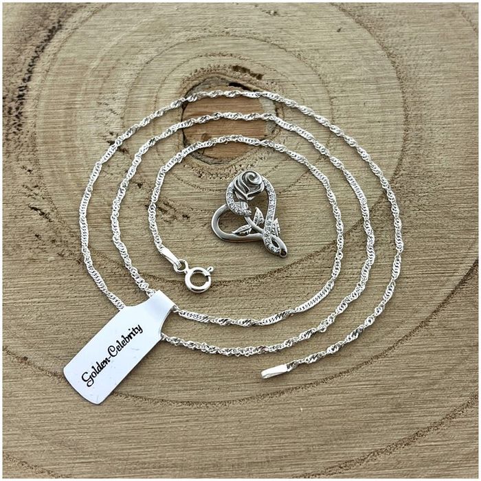 Srebrny Naszyjnik + Wisiorek Serce 925 + Róża Wieczna Na Dzień Nauczyc