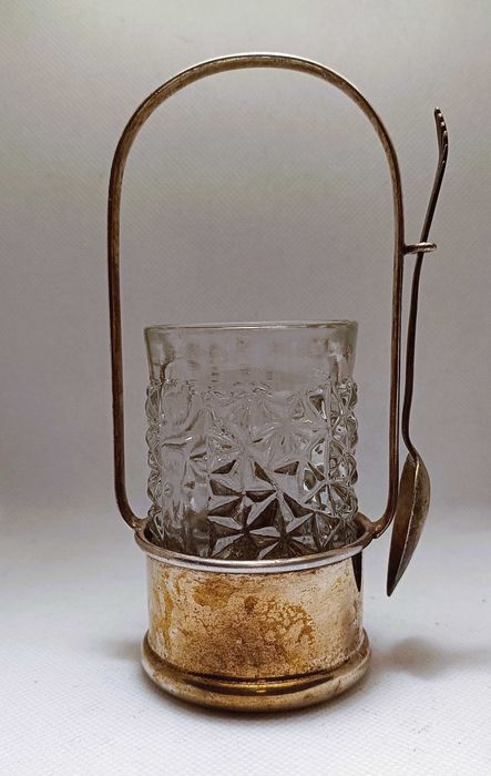 Musztardniczka posrebrzana z kryształowym szkłem i łyżeczką EPSN