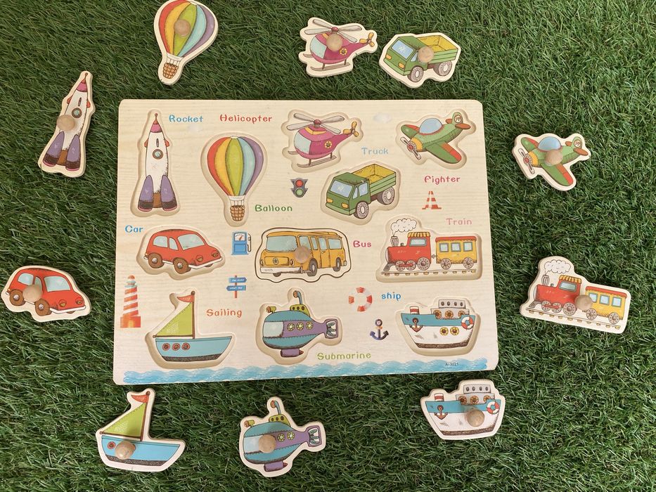 Puzzle de madeira quinta, selva, transportes