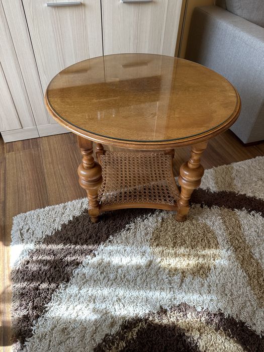 Stolik okragly debowy vintage z szyba