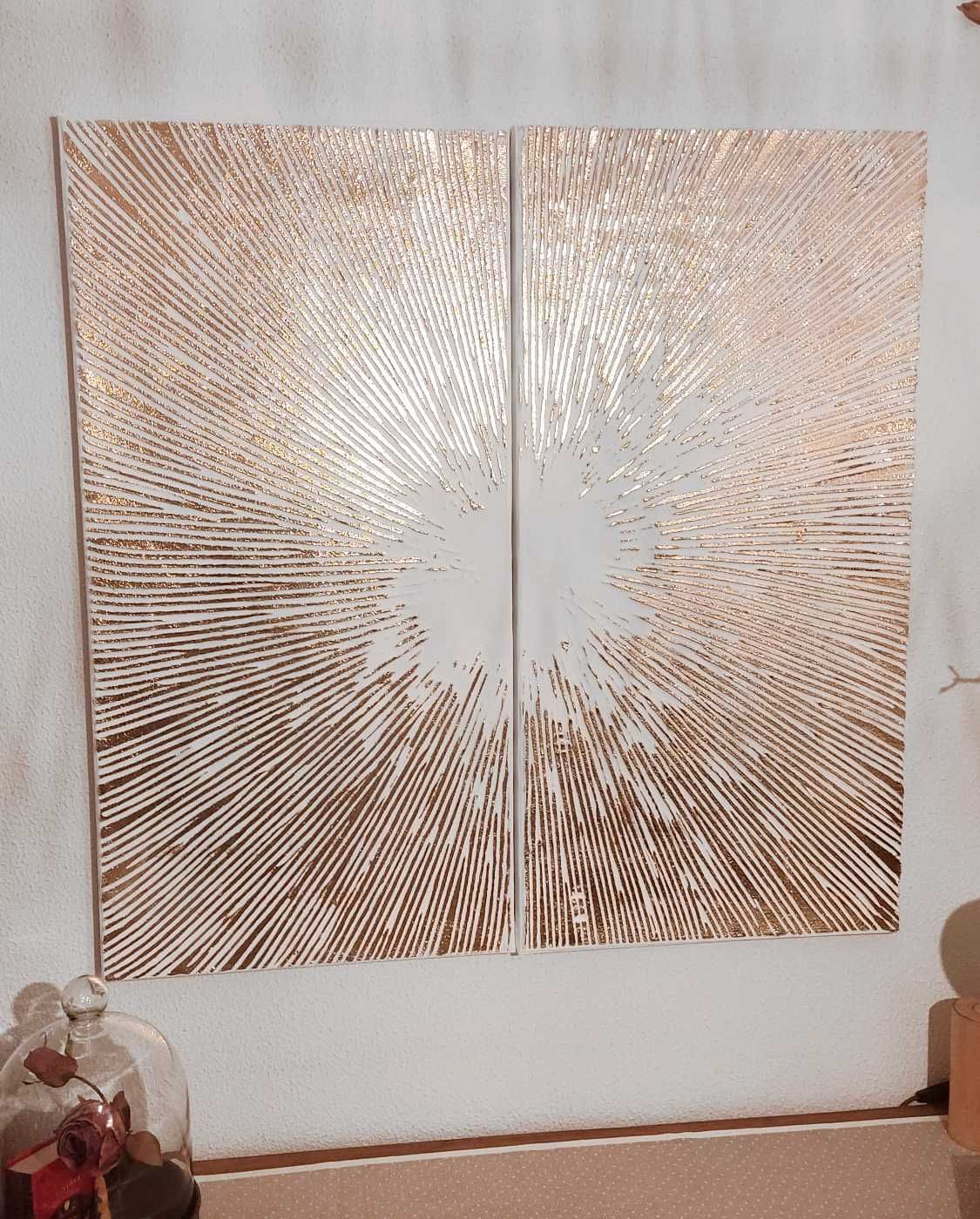 Quadro Duplo (Díptico) branco com relevo dourado 90x90