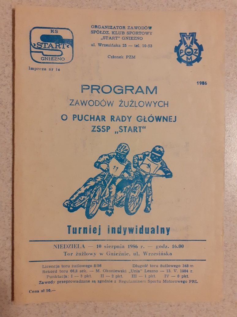Program żużlowy O Puchar Rady Głównej ZSSP "Start" 1986r.