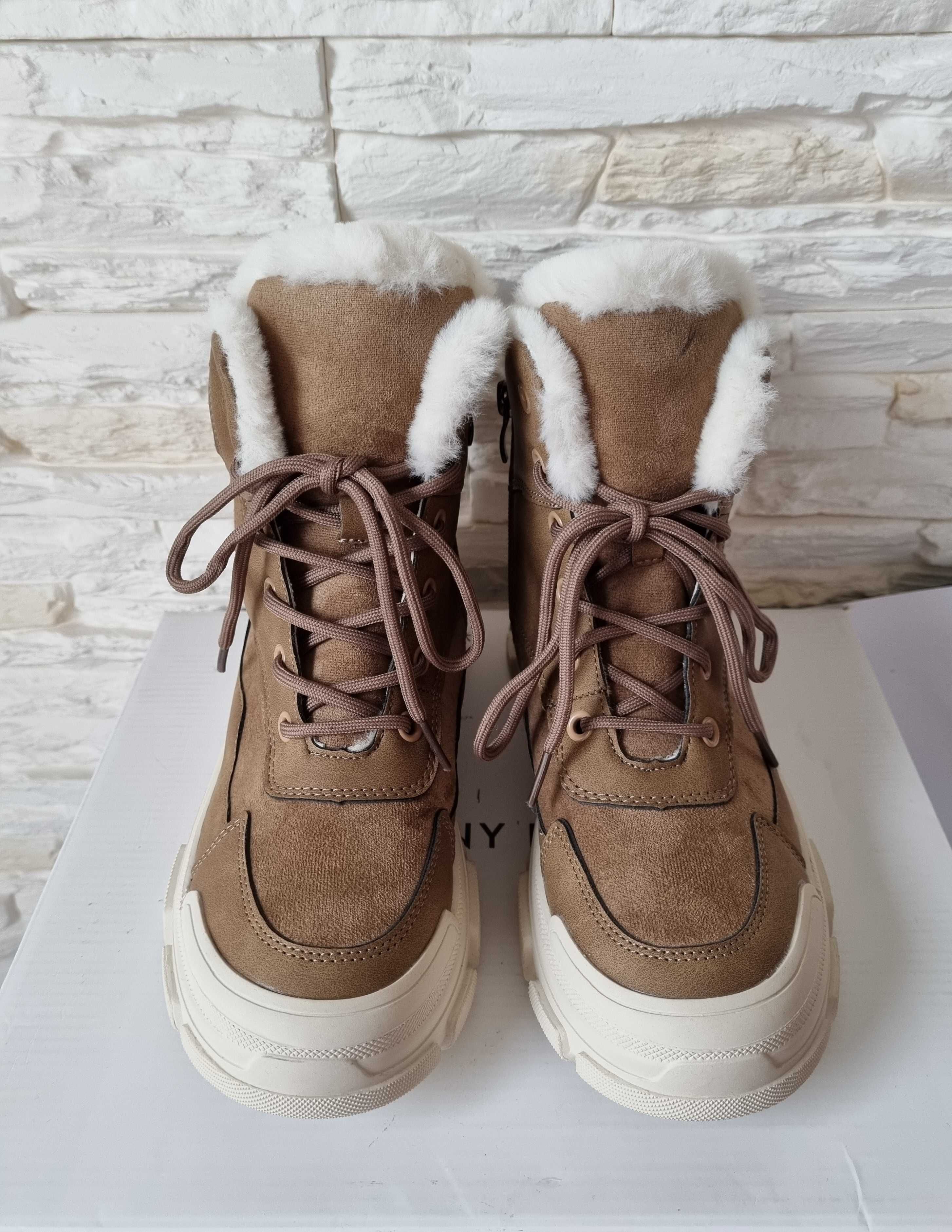 Buty Zimowe Botki Ocieplane Śniegowce Brązowe Zamsz Futerko – 37