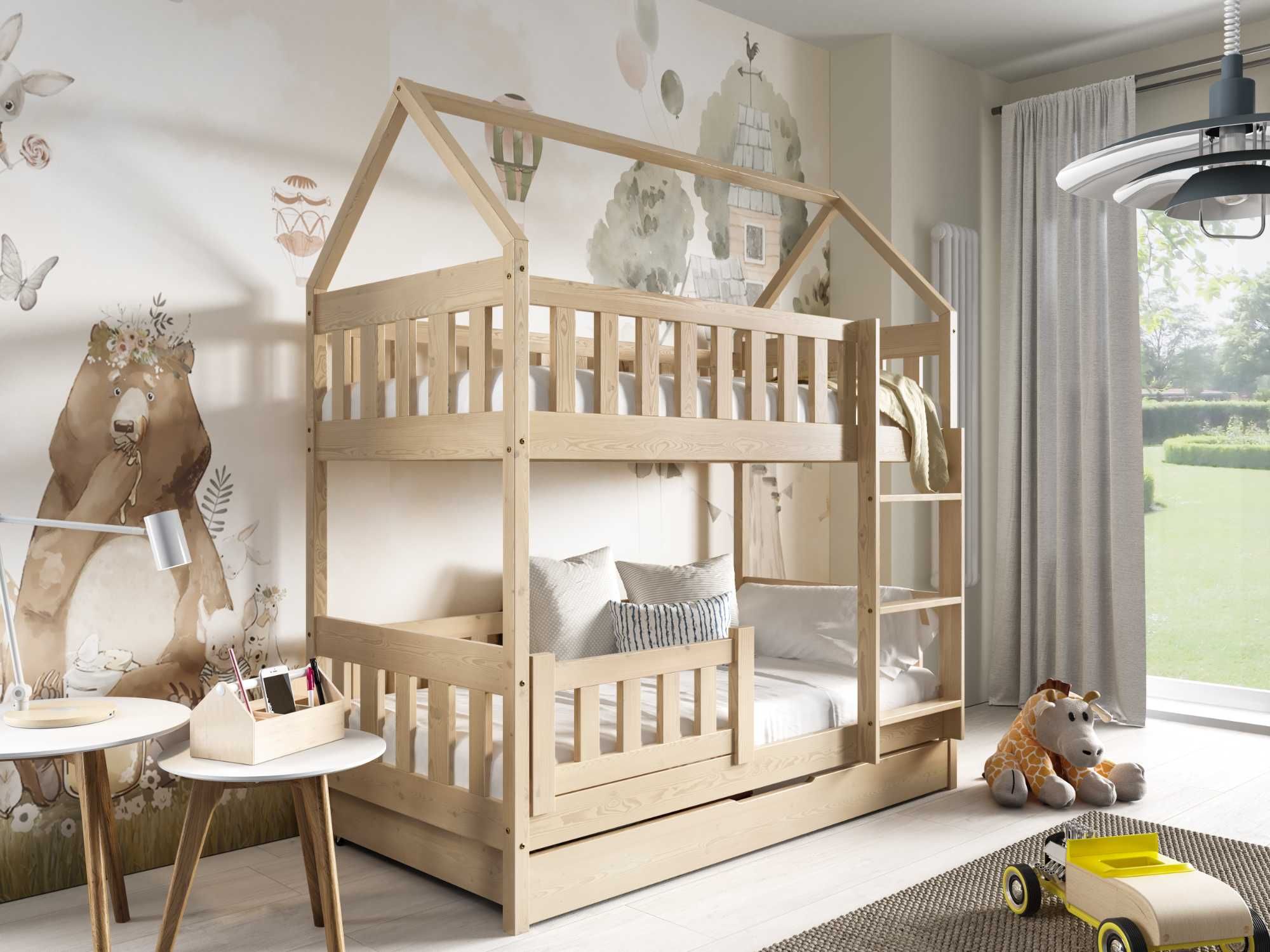 Łóżko dla dzieci sosnowe piętrowe DOMEK ZUZIA 160x80 z materacami