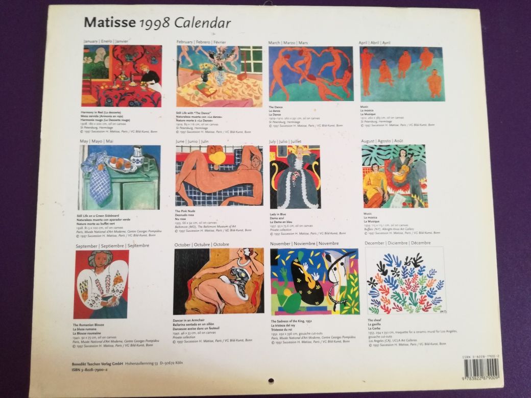 Calendar Taschen 1998
Monet, 
- Van Gogh, 
- Matisse.v.p.ind