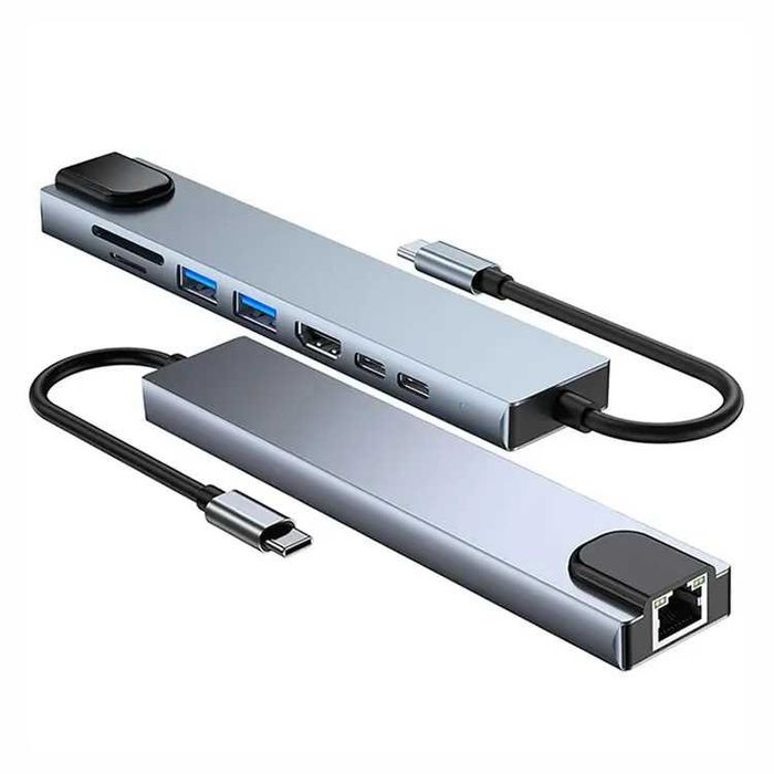 HUB Adapter USB-C 8w1 – Aluminium HDMI , RJ45, USB-C, Stacja dokująca