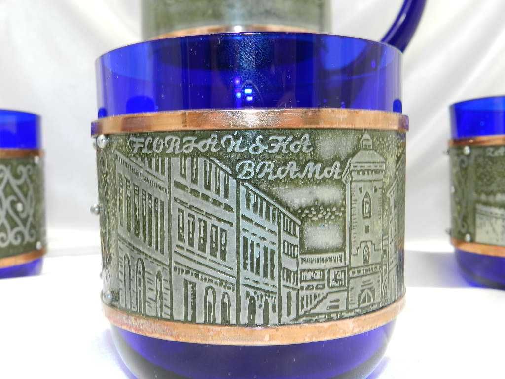 Kobaltowy okuwany zestaw do napojów KRAKÓW Huta Hortensja lata 70-80te