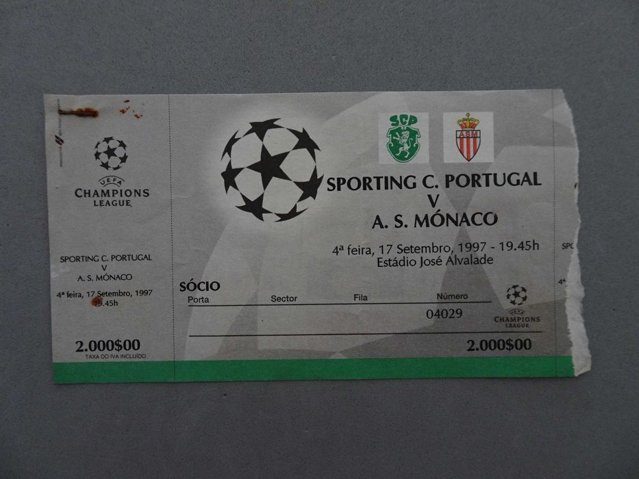 Bilhete futebol Sporting Mónaco Champions League Setembro 1997