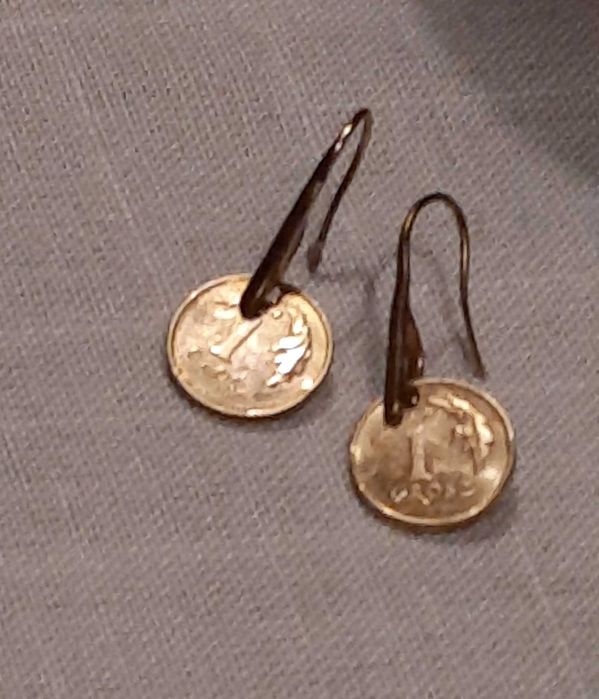 Kolczyki zlote monety monetki 1 grosz stal chirurgiczna 1 groszowki
