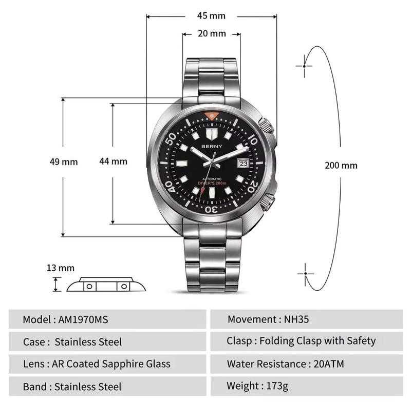 Годинник berny compressor diver am1970, дайвер seiko nh35