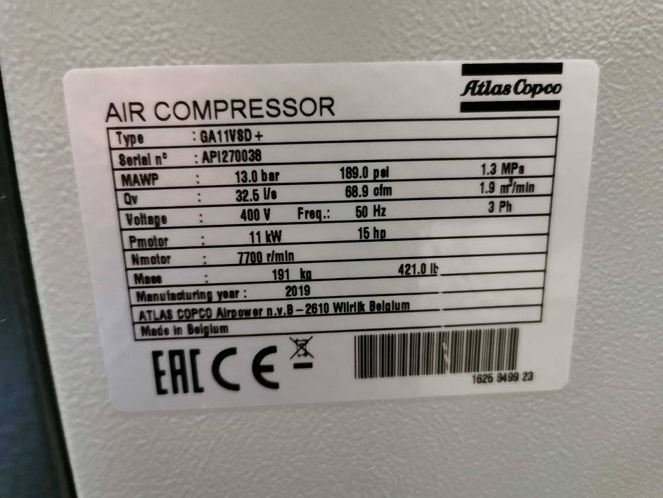 2019r 11kw +FALOWNIK 8533h!! Sprężarka śrubowa ATLAS COPCO 1900L 13BAR